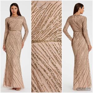 Mac Duggal 5240 Womens Long Sleeve Beaded Column Gown Dress Mocha